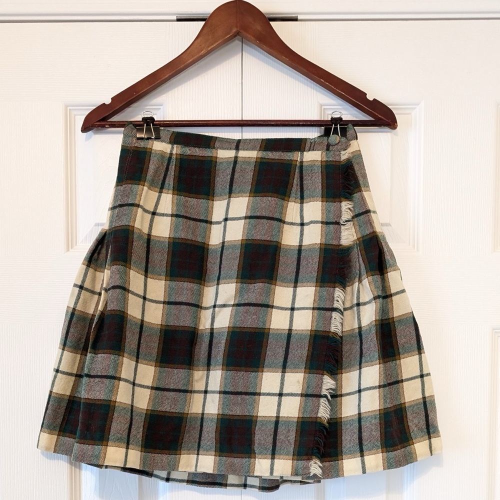 Vintage Wool Aljean Green Brown and White Plaid Kilt Skirt